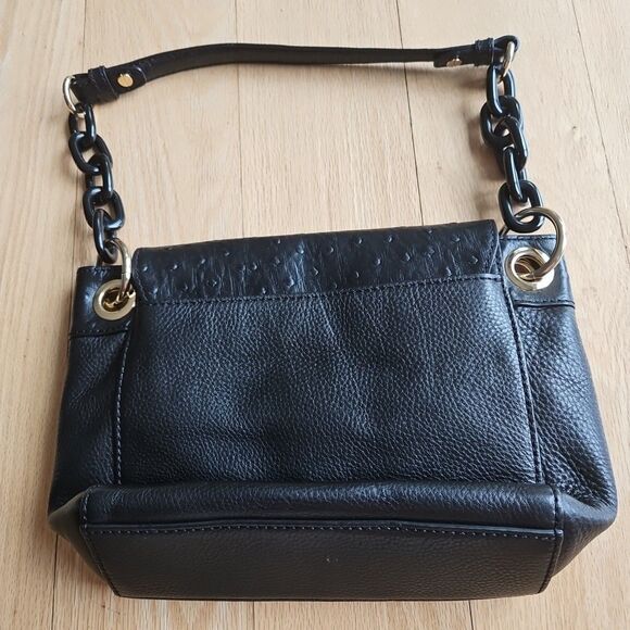 Milly Black Leather w/Ostrich Accent Bag chain link‎ Strap, Goldtone Medium - Picture 2 of 10